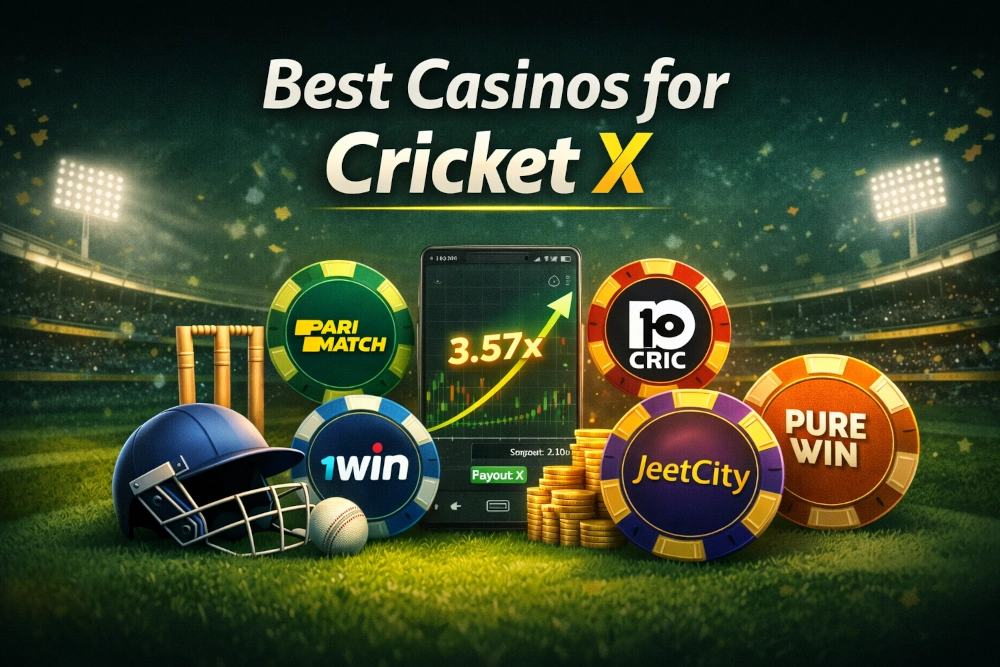 Best casinos for Cricket X illustration with mobile game interface, cricket helmet, stadium lights and trusted platform comparison theme