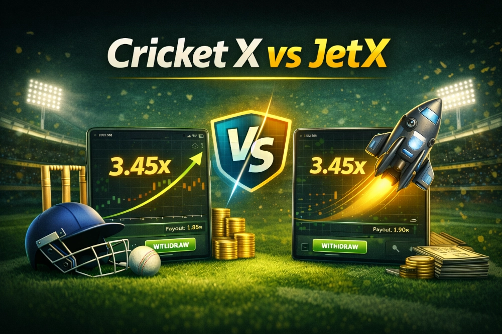 Cricket X vs JetX comparison illustration with two crash-style game screens, cricket elements, jet icon and stadium lights