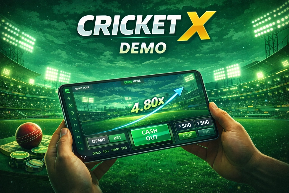 Cricket X Demo on tablet with cricket stadium, rising multiplier and demo mode interface