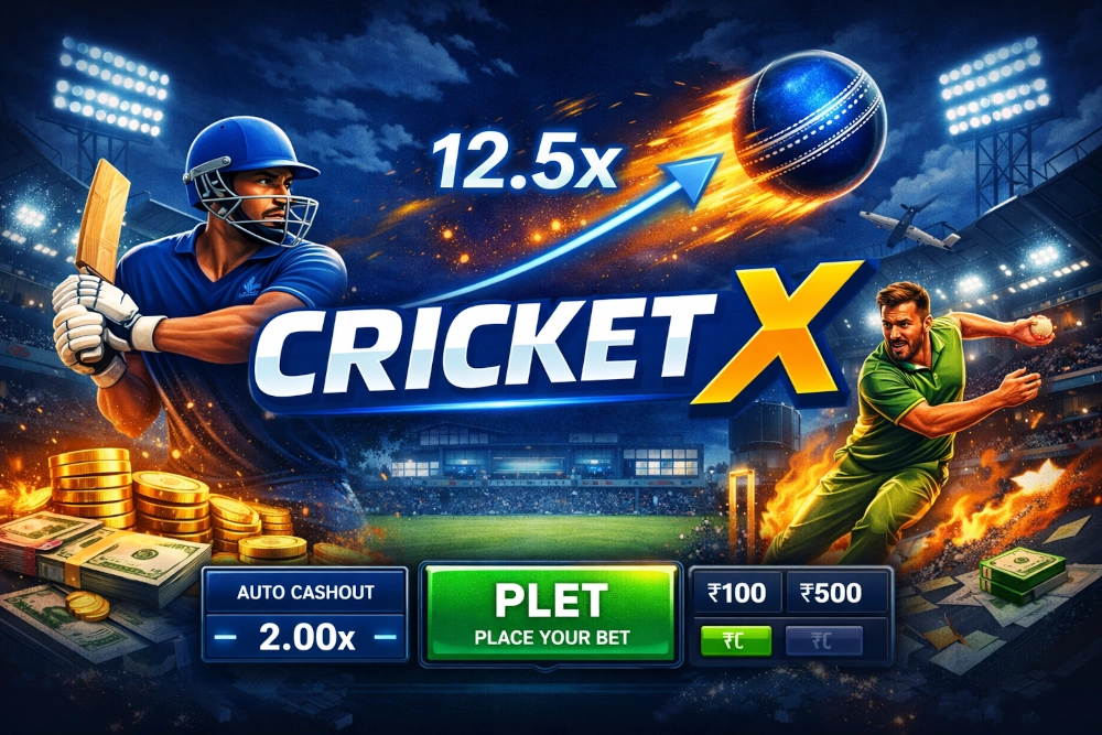 Cricket X game with cricket stadium, flying ball multiplier and betting interface
