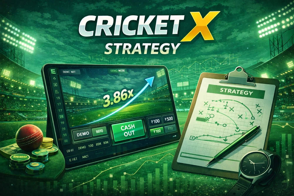 Cricket X strategy guide with cricket stadium, rising multiplier and controlled play analysis