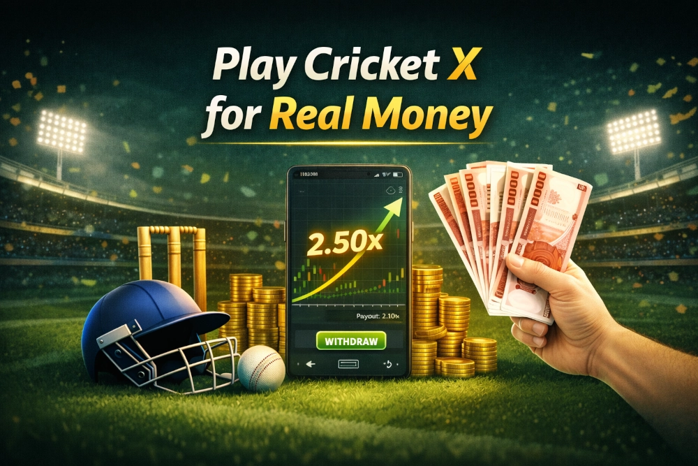 Cricket X real money illustration with mobile game screen, rising multiplier, cricket helmet, stadium lights and bankroll theme