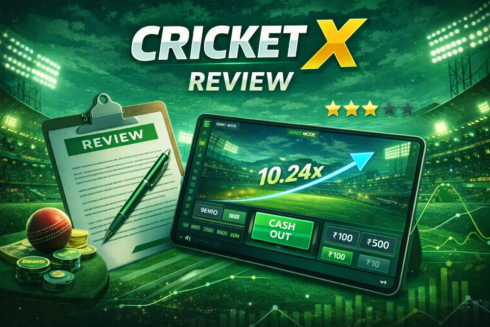 Cricket X review page with cricket stadium, game interface and analysis-style layout