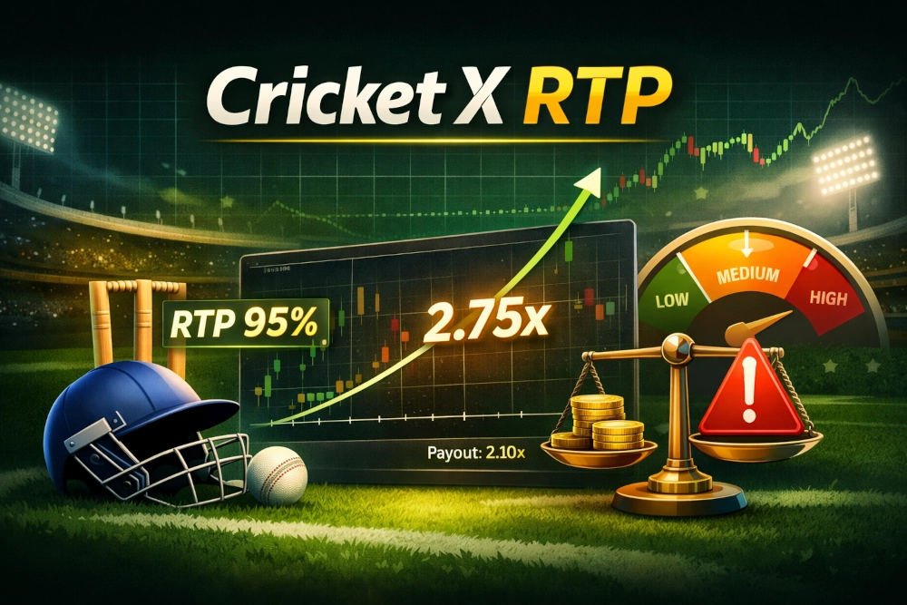 Cricket X RTP illustration with rising multiplier, cricket stadium lights, mobile game interface and risk analysis elements